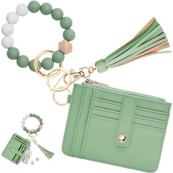 Women\'s Wallet Keychain Wristlet Slim RFID Credit Card Holder Purse Tassel
